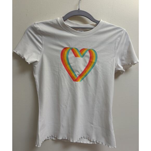 Old Navy Girls XL 14-16 White Rash Guard Tee Rainbow Heart Graphic Stretch - Picture 1 of 6